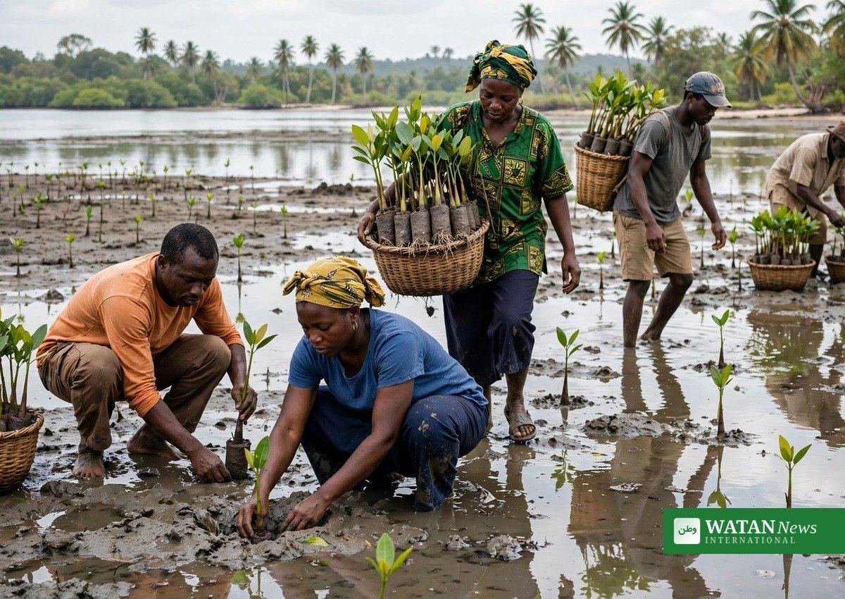 Community members planting mangrove seedlings in coastal mudflats as part of the mangrove restoration project in Liberia