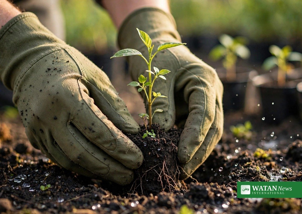Hænder planter en ung frøplante under Kenyas træplantningskampagne