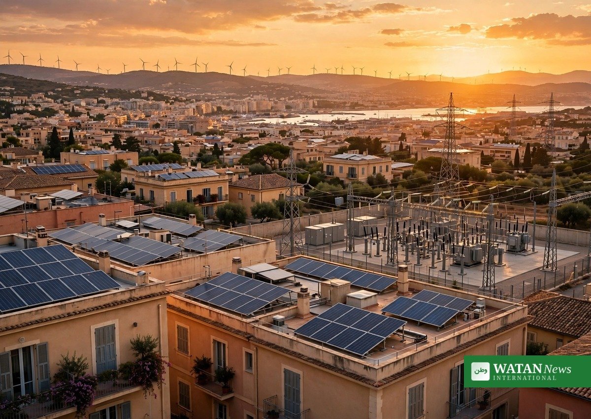 Rooftop solar panels and power grid infrastructure at sunset as the COP31 presidency launches its 35-by-35 electrification pledge