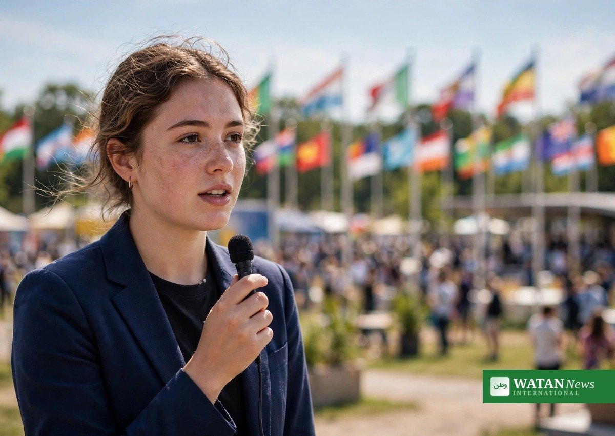 Young climate spokesperson being interviewed at an international climate summit