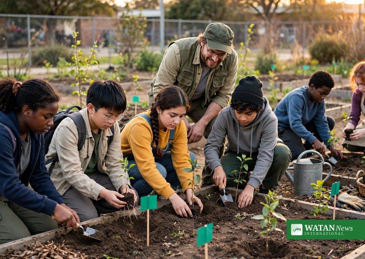 Students planting tree seedlings with their teacher in a school garden
