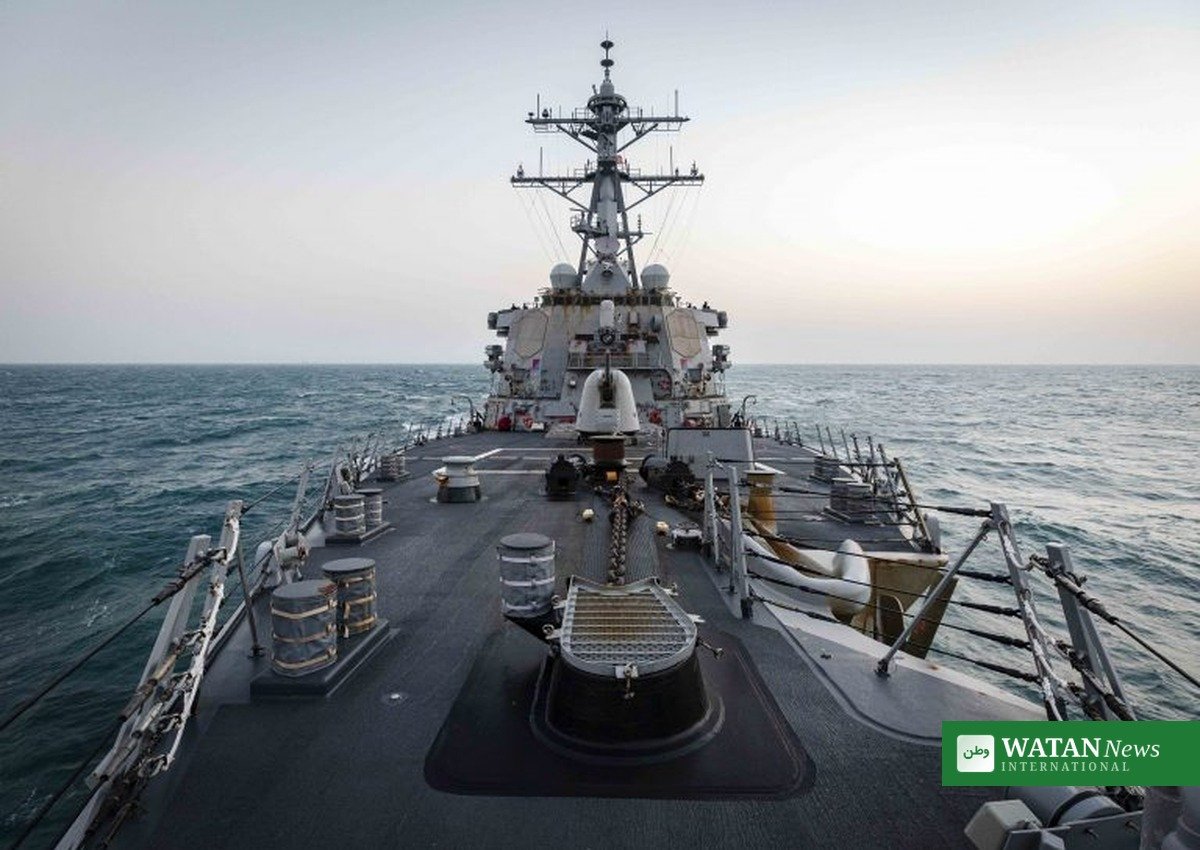 US Navy warship at sea viewed from the deck