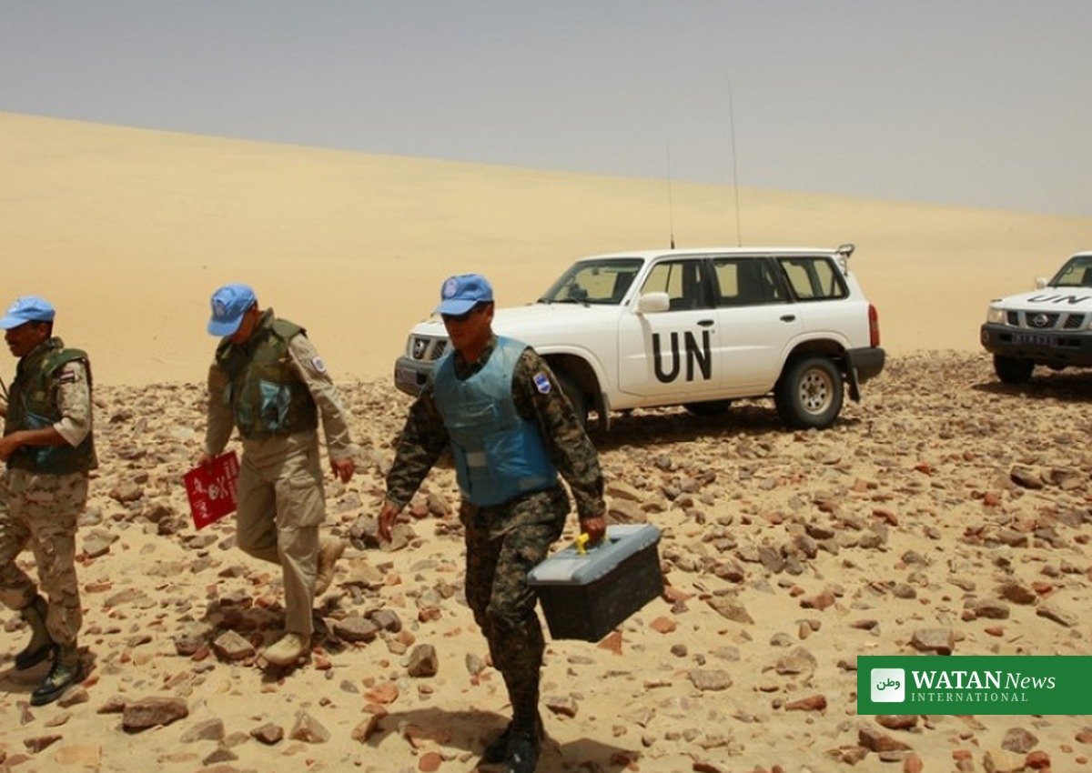 MINURSO peacekeepers walking past UN vehicles in the Western Sahara desert