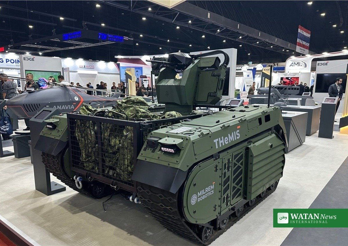 A Milrem Robotics THeMIS unmanned ground vehicle on display — the type of vehicle Milrem supplies to Ukraine, at the centre of the Estonia Russia arson sabotage accusation