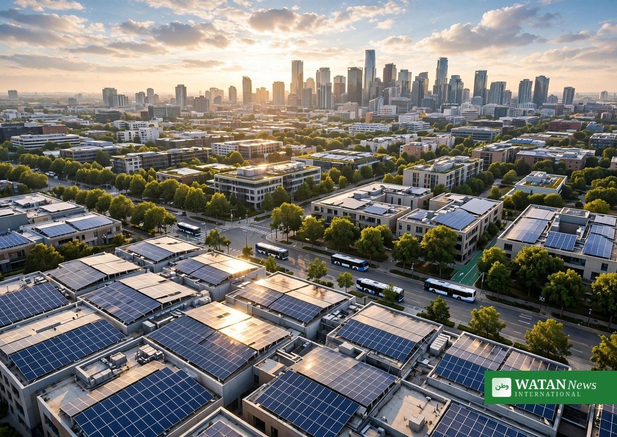Climate champion city skyline with rooftop solar panels and electric buses at sunrise