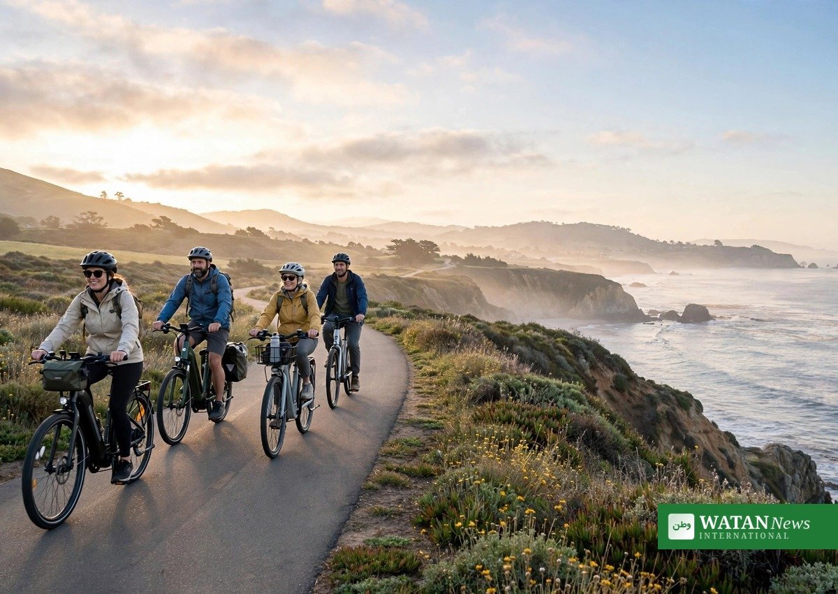 Travellers ride e-bikes along a coastal path, a low-emission way to explore