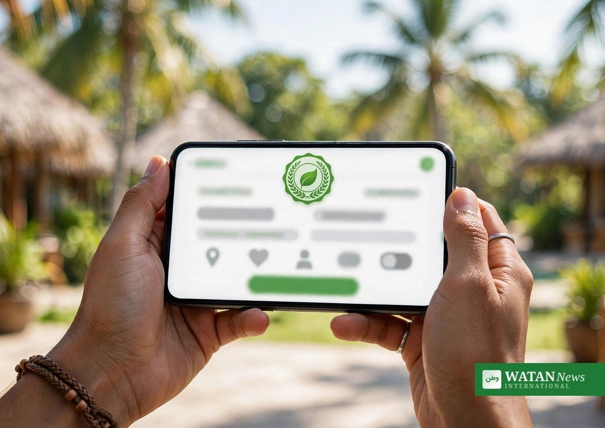 A traveller checks a hotel's eco-certification badge on a booking app
