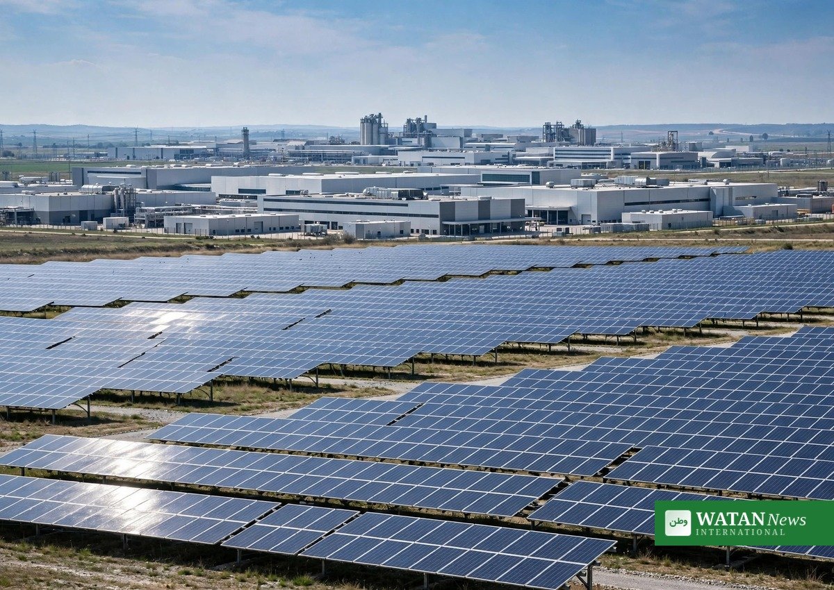 Solar panels installed near a large automobile factory in Michigan, where Ford is moving toward carbon-free manufacturing