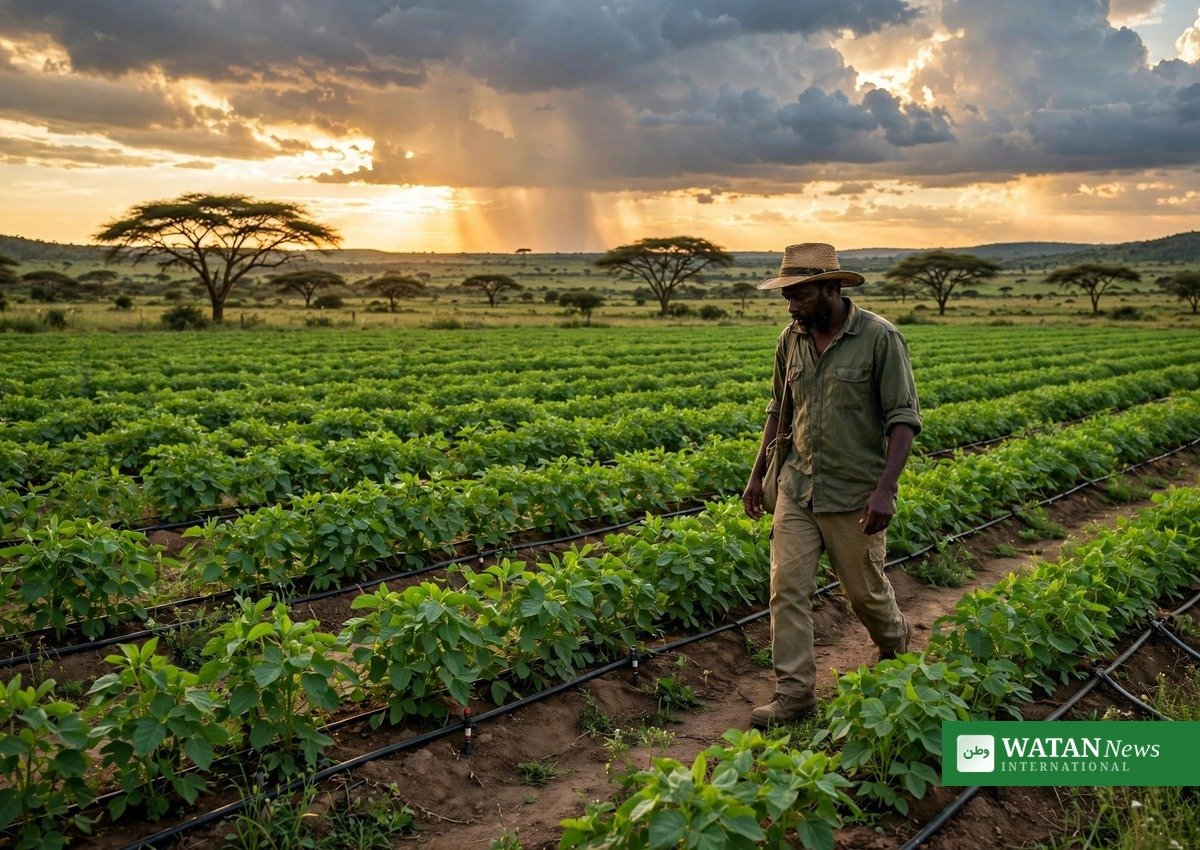African farmer walking through a climate-resilient green field with drip irrigation