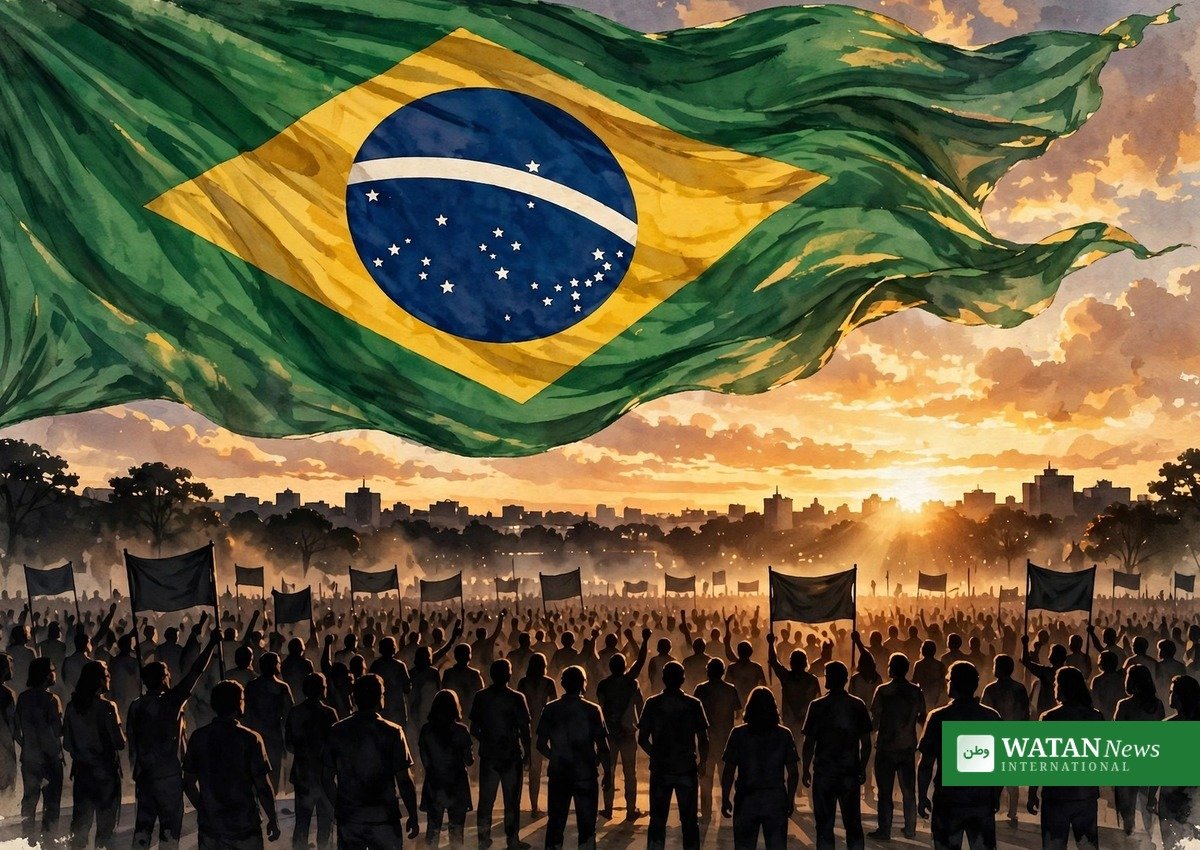 Brazilian flag waving over a silhouetted crowd at a political demonstration – Brazil election 2026 (illustration)