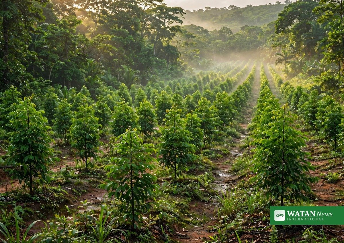 Unge tr&aelig;er i p&aelig;ne r&aelig;kker i en tropisk skovplantage ved skovrejsning i Nigeria