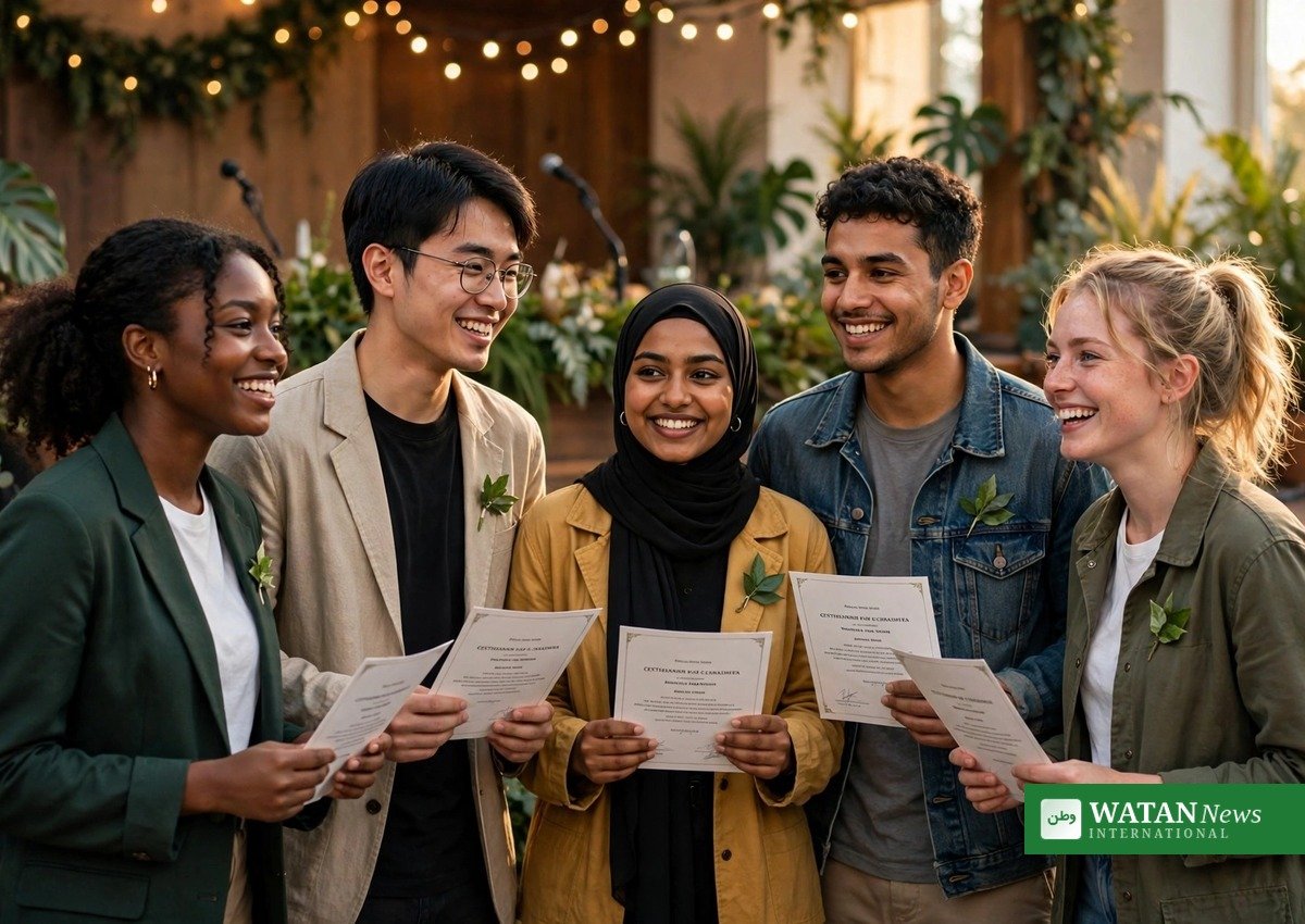 Young ambassadors holding certificates at a Global Sustainability Forum 2026 recognition ceremony