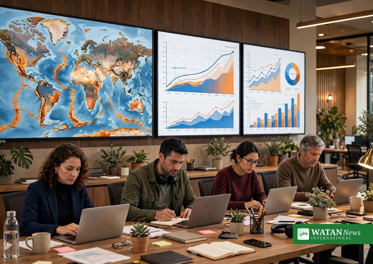 Newsroom journalists analysing climate data charts for a climate journalism award story