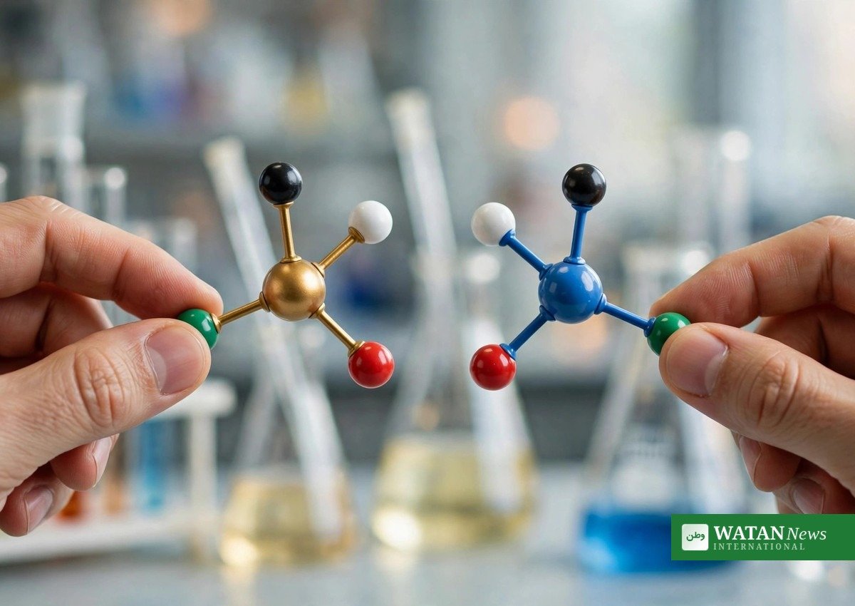 Mirror-image molecular models illustrating chiral asymmetry — the subject of the 2026 Nobel Prize in Chemistry