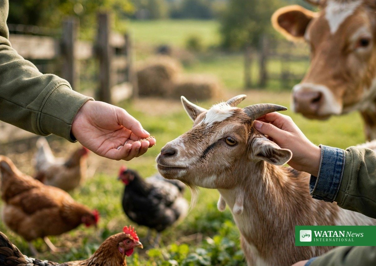 Cow, goat, dog, chickens and birds in a meadow — the UAF World Animal Day walk celebrates compassion for all animals (illustration)