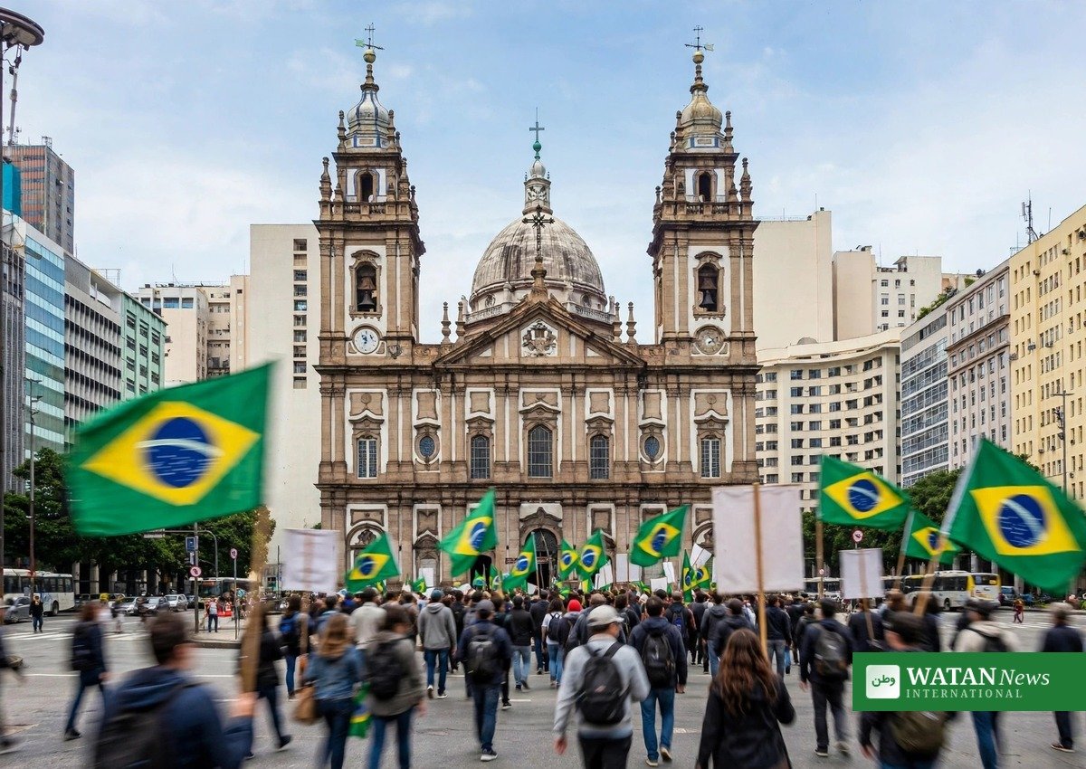 Demonstrators march past Candelária Church in Rio de Janeiro with Brazilian flags – Brazil election 2026 (illustration)
