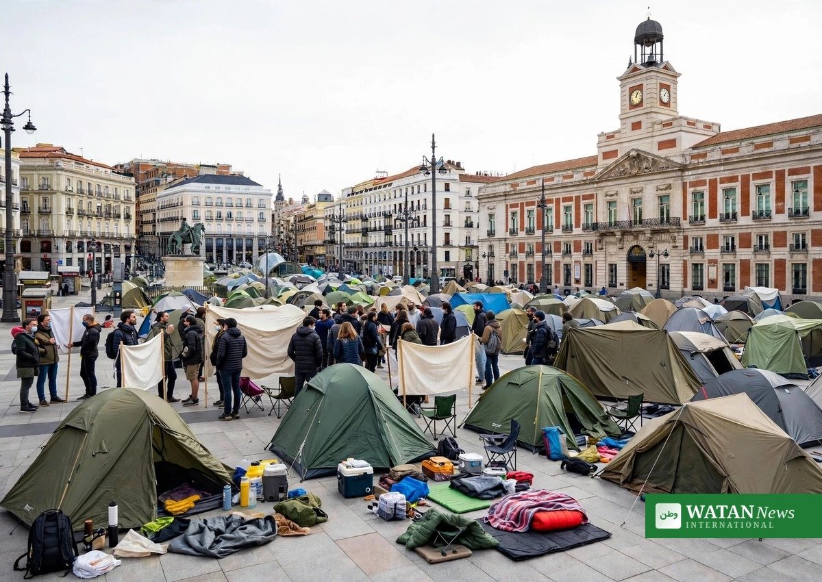 Teltlejr på Puerta del Sol i Madrid opstillet af demonstranter under boligkrisen i Spanien