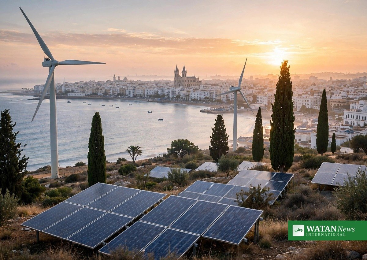 Tunis, Tunisia at sunrise with solar panels and wind turbines ahead of the Global Sustainability Forum 2026