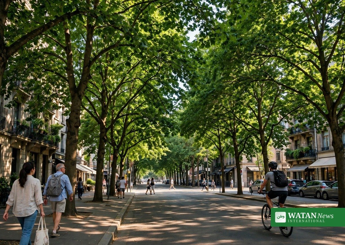 A tree-lined city street giving shade to pedestrians and a cyclist on a summer day