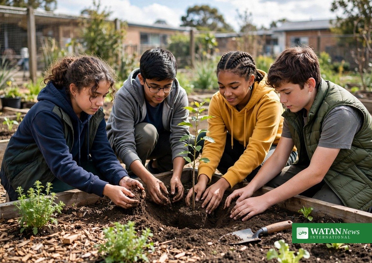 Students plant young trees in a school garden during a climate education activity ahead of the Teachers' COP at COP31 in Antalya
