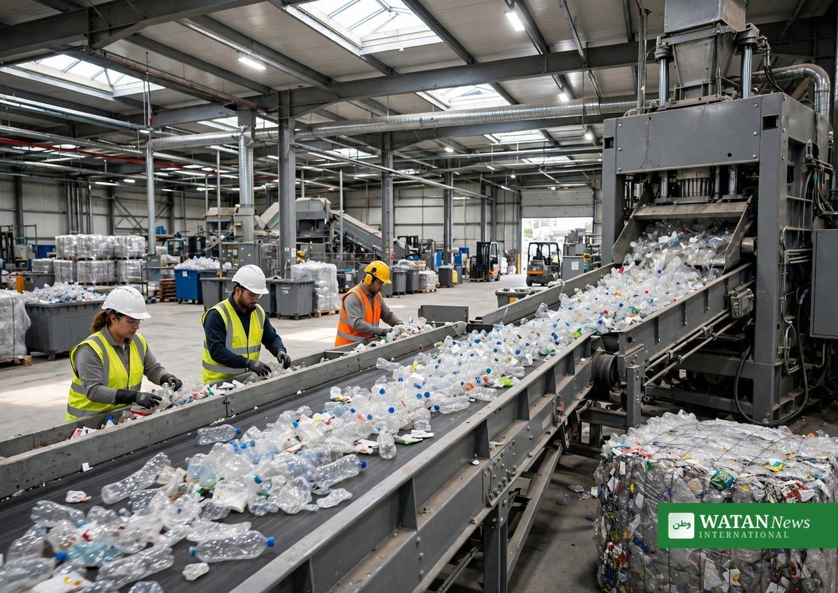 Plastic bottles on a sorting conveyor at a recycling facility