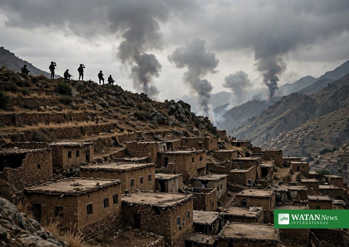 Smoke rises over a mountain frontline village during the Yemen Houthi offensive