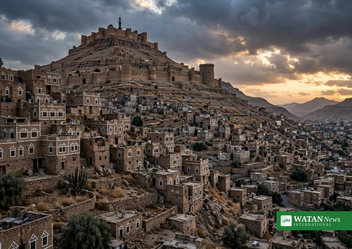 Yemen military operation: the historic old city of Taiz with its hilltop fortress (illustration)