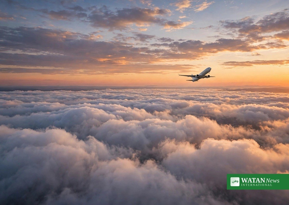 Passenger airliner above clouds at sunset; the alleged flydubai co-pilot attacked the captain of flight FZ1073 to Tel Aviv on 30 September 2026