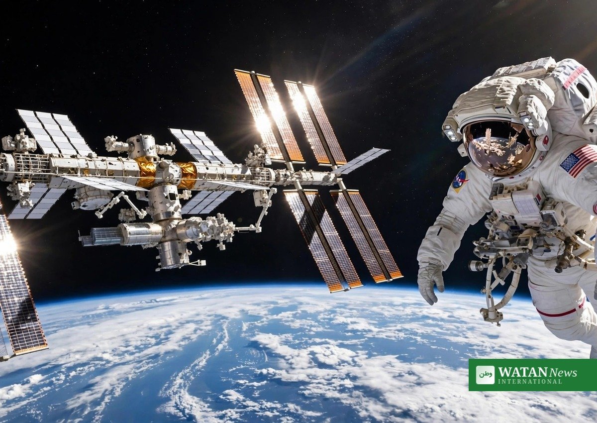 An astronaut on a spacewalk beside the International Space Station during World Space Week 2026