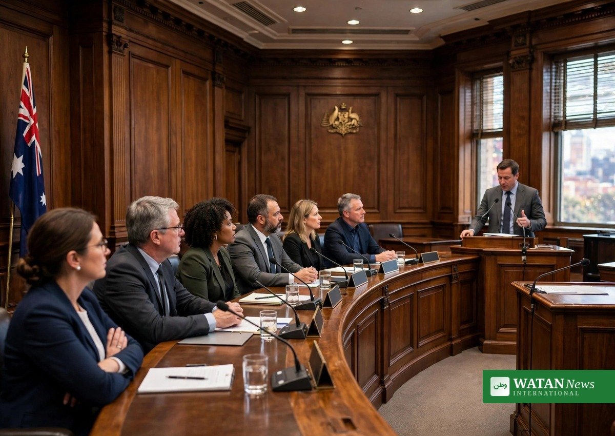 Parliamentary committee hearing room in Sydney with the Australian flag — inquiry into the OpenAI Australian government hack