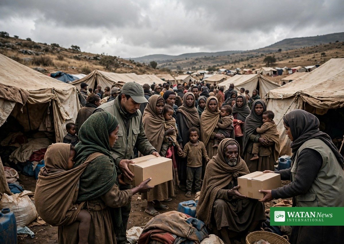 Aid workers distributing relief supplies to displaced families in northern Ethiopia amid Tigray forced recruitment crisis