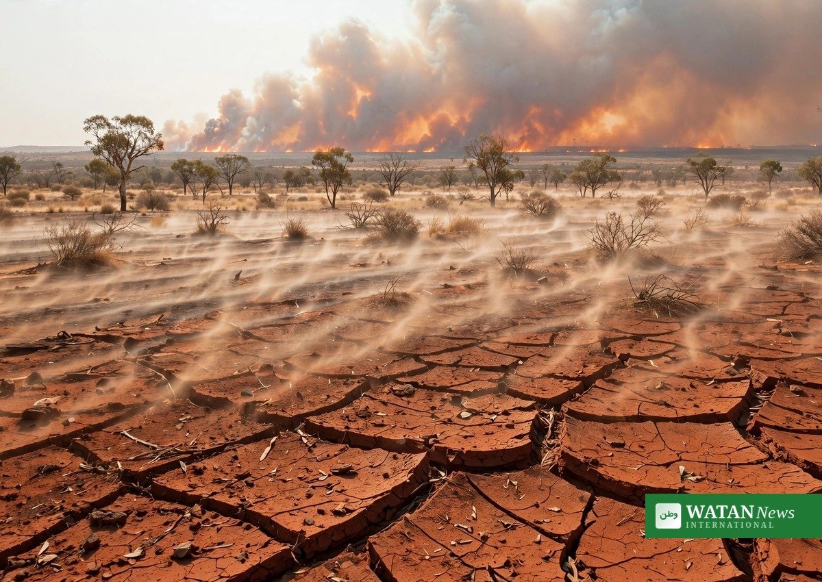 Cracked red earth and bushfire smoke in the Australian outback during extreme summer weather