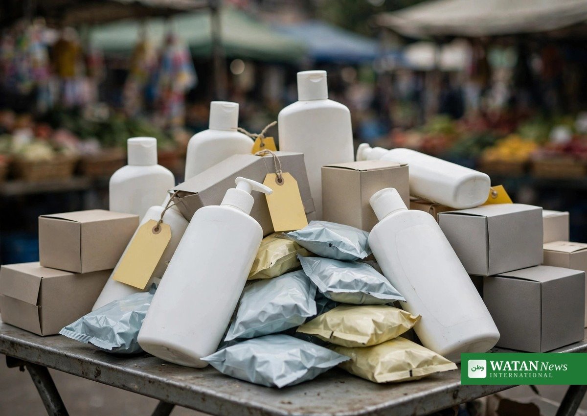 Seized counterfeit products in Pakistan: generic branded goods with evidence tags on a market table