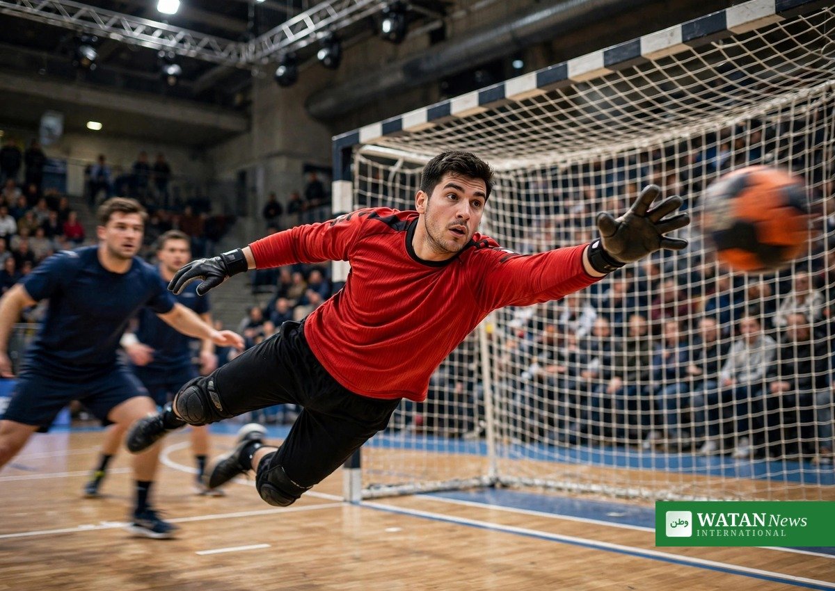 Målvogter i aktion for Aalborg Håndbold – redningsforsøg under kamp i Champions League