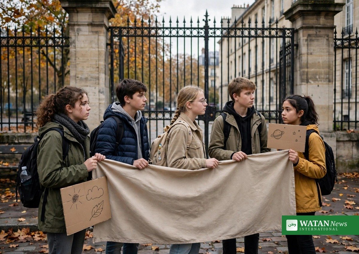 France youth protests: students holding a protest banner outside a Paris high school during the 2026 school demonstrations