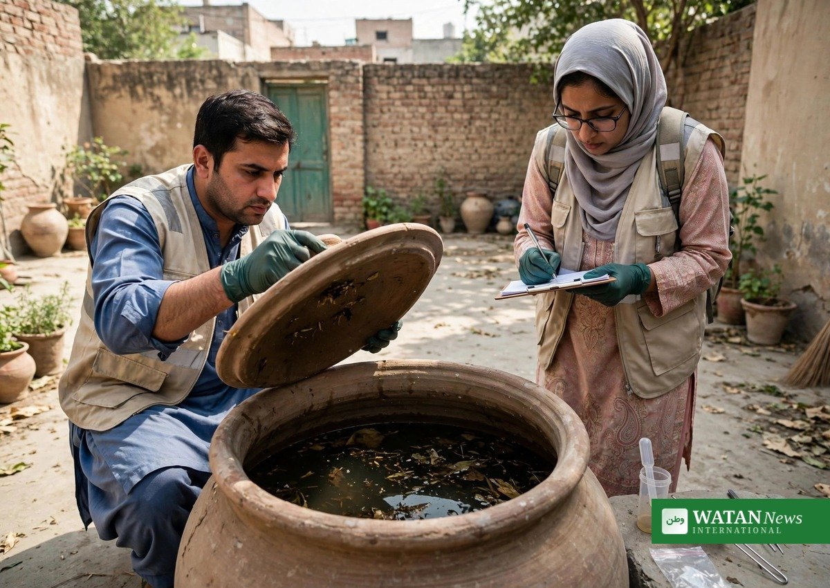 Health department field team inspecting a water container for dengue larvae in Rawalpindi