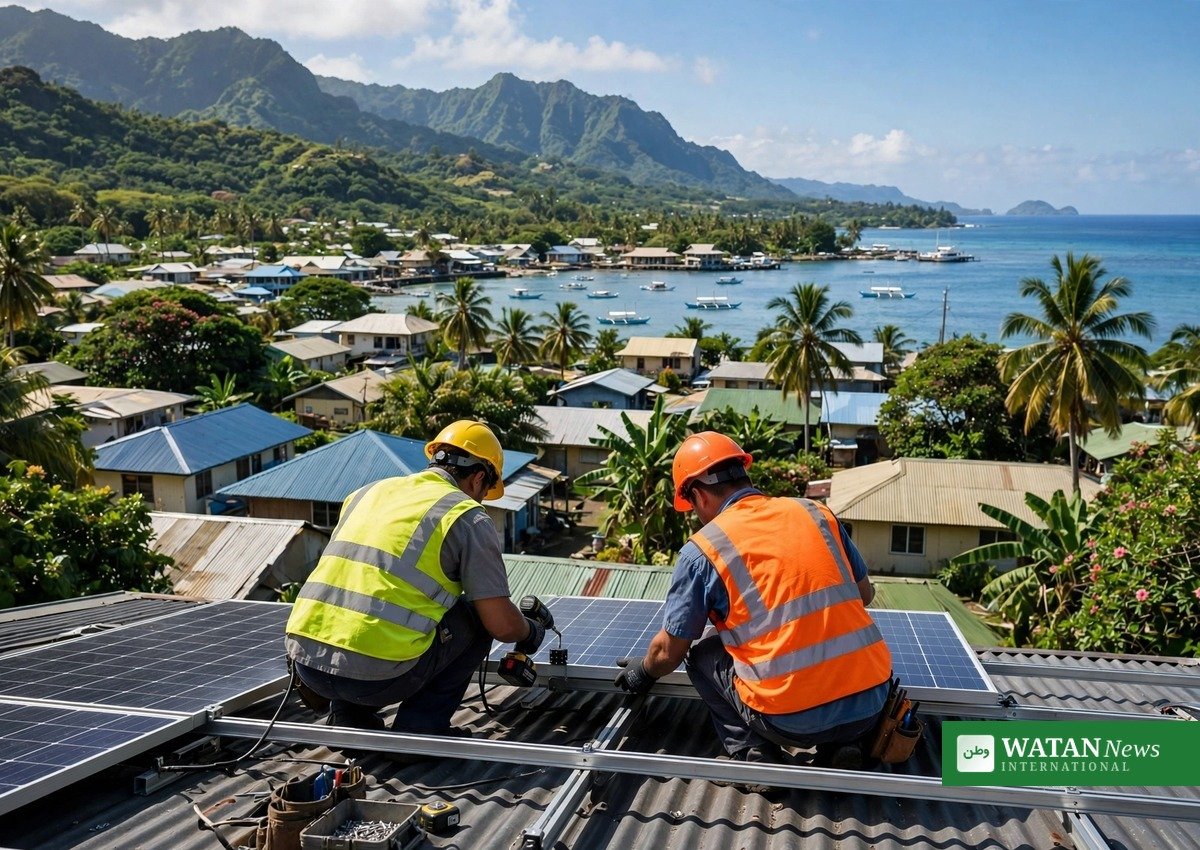 Teknikere installerer solceller på taget af en stillehavsø — uddannelse af arbejdsstyrken er en af fire søjler i Australiens 7,3 mio. AUD-program for vedvarende energi i Stillehavet