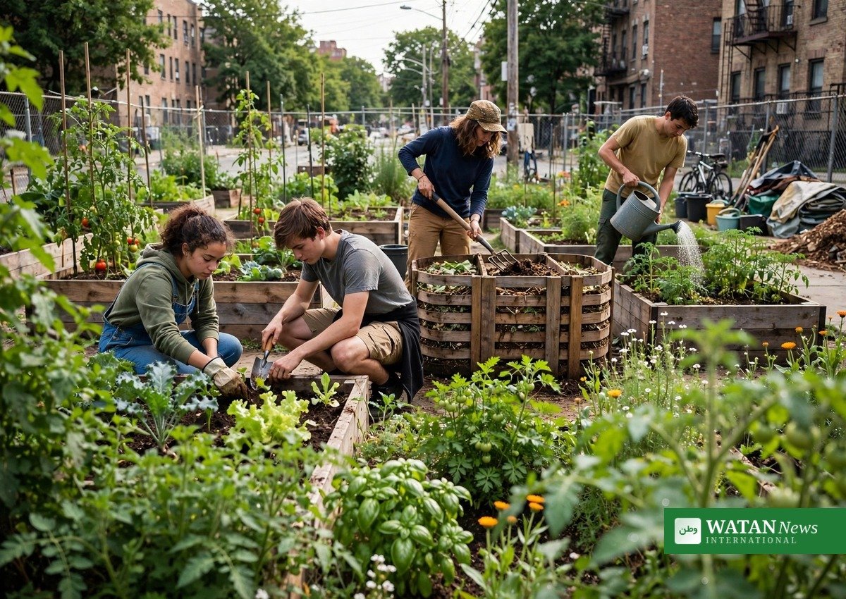 Youth volunteers tending a community garden and compost station in a Chicago neighborhood