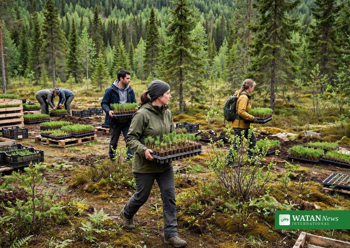 Northwest Territories tree planting crews with trays of seedling plugs