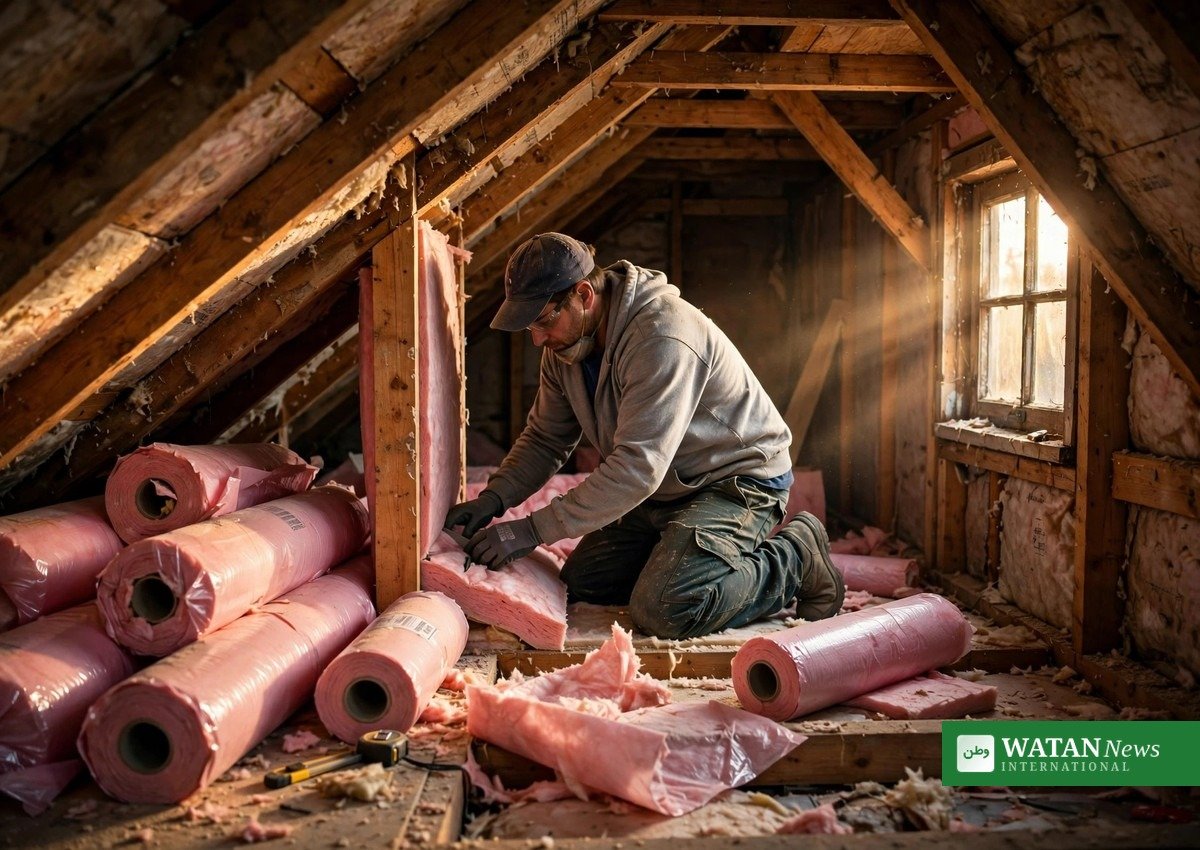 Worker installing thermal insulation in a Virginia attic