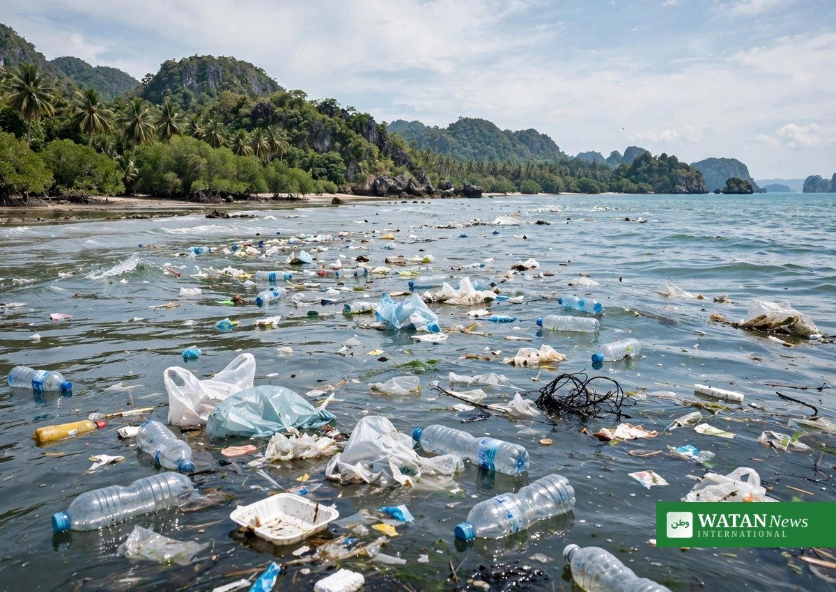 Floating ocean plastic near a Southeast Asian coastline