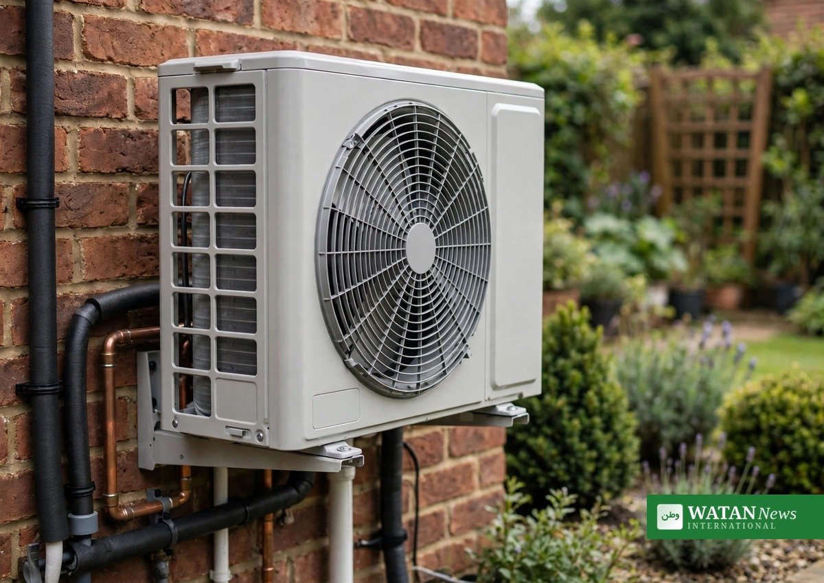 Close-up of an air-source heat pump on a house wall