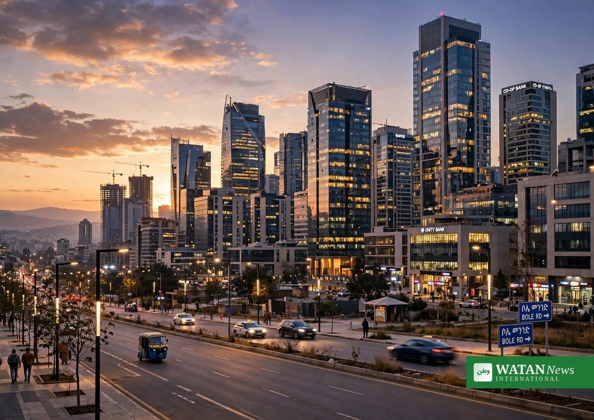 Addis Ababa city skyline at dusk, the capital of Ethiopia where blasts were heard overnight