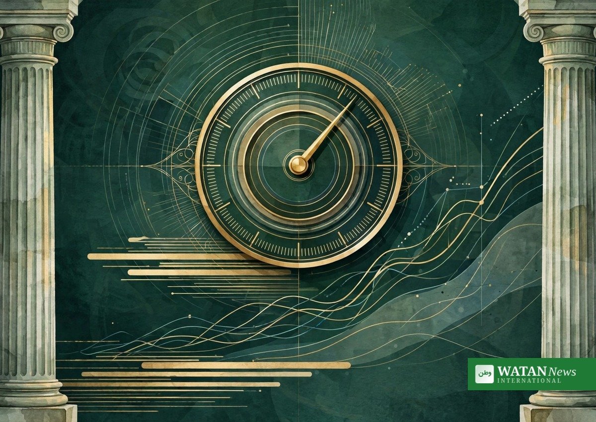 Abstract illustration of a central bank interest-rate dial with columns representing monetary policy and macroeconomic stabilisation