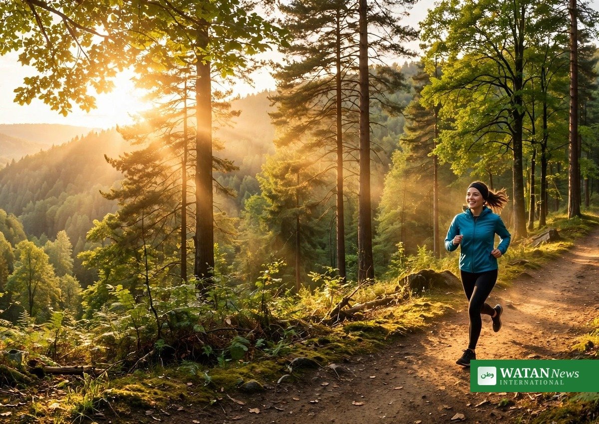 Better wellbeing: runner jogging on a forest trail at golden hour