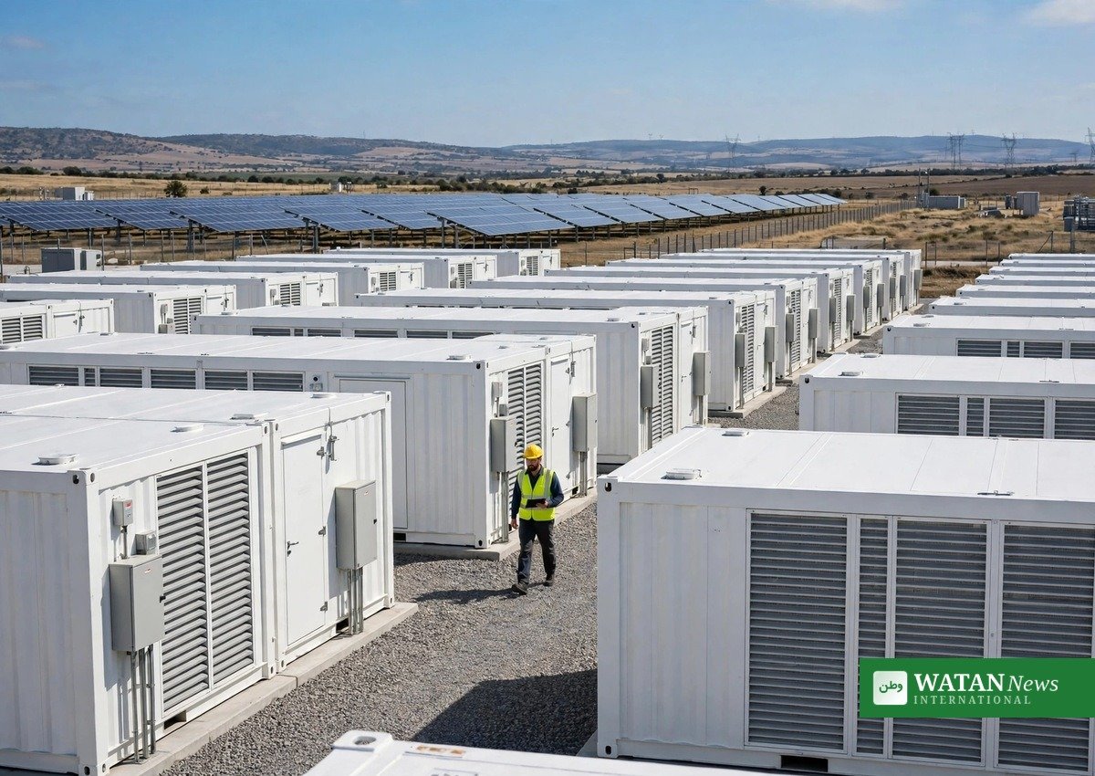 Battery energy storage containers at the Tenevo solar-plus-storage complex in Bulgaria
