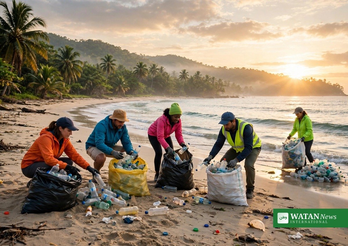 Volunteers collecting plastic waste on a tropical beach at sunrise