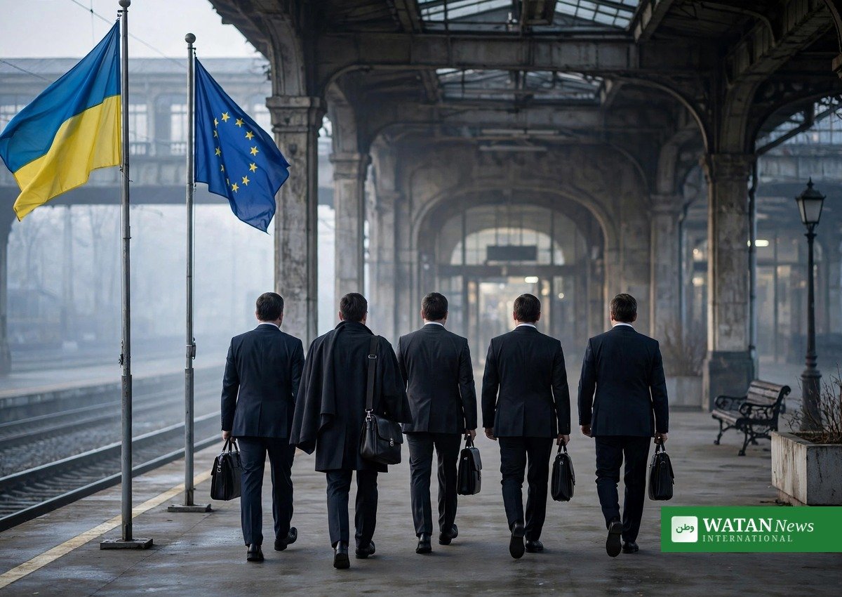 Europæisk delegation ankommer til en banegård i Kyiv under den økonomiske krig mod Rusland