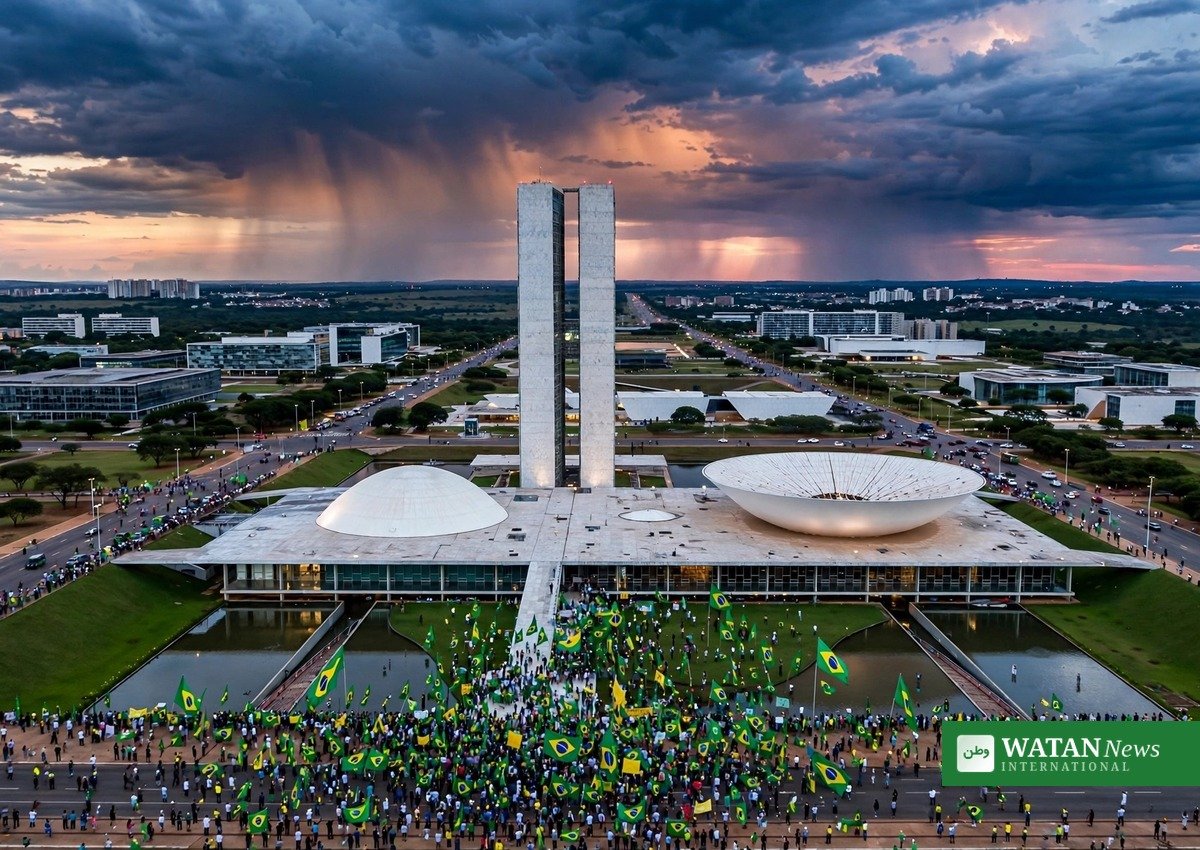 Mennesker med brasilianske flag foran Kongressen i Brasília under Brasiliens præsidentvalg