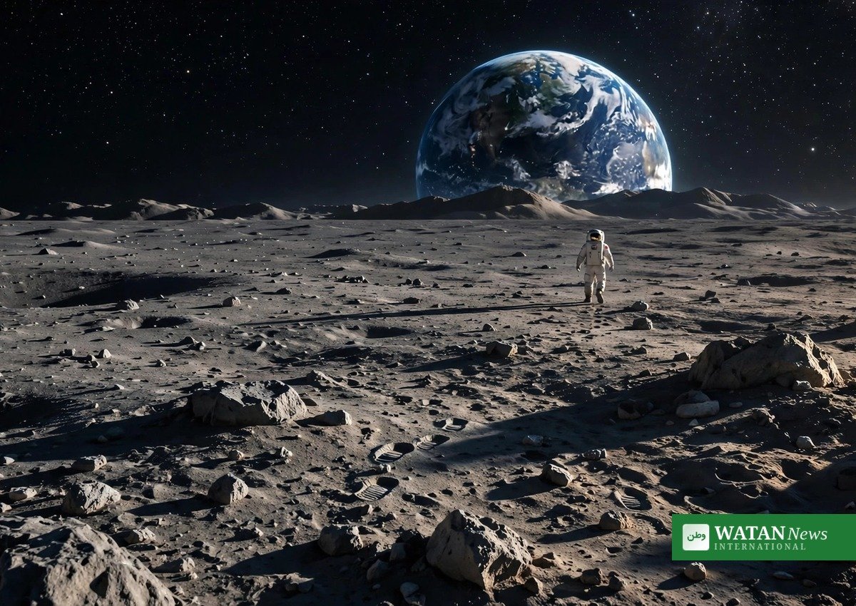 An astronaut walks on the Moon with Earth in the sky — Artemis missions aim to return humans to the lunar surface